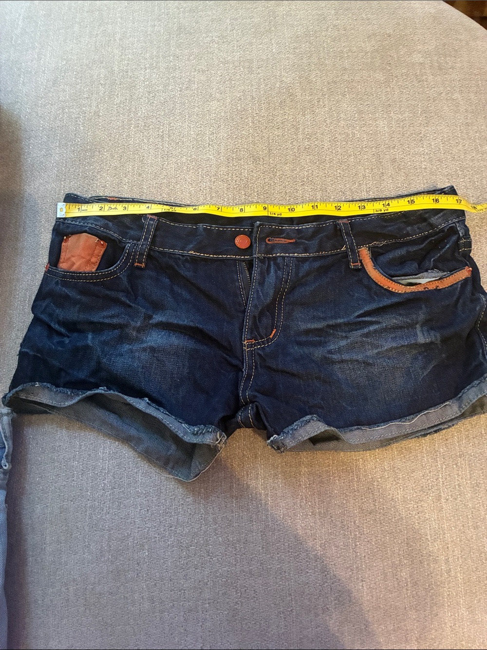 Women's Dark Indigo Denim Jean Shorts with Brown Trim